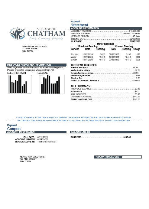 USA Village of Chatham business utility bill template in Word and PDF formats